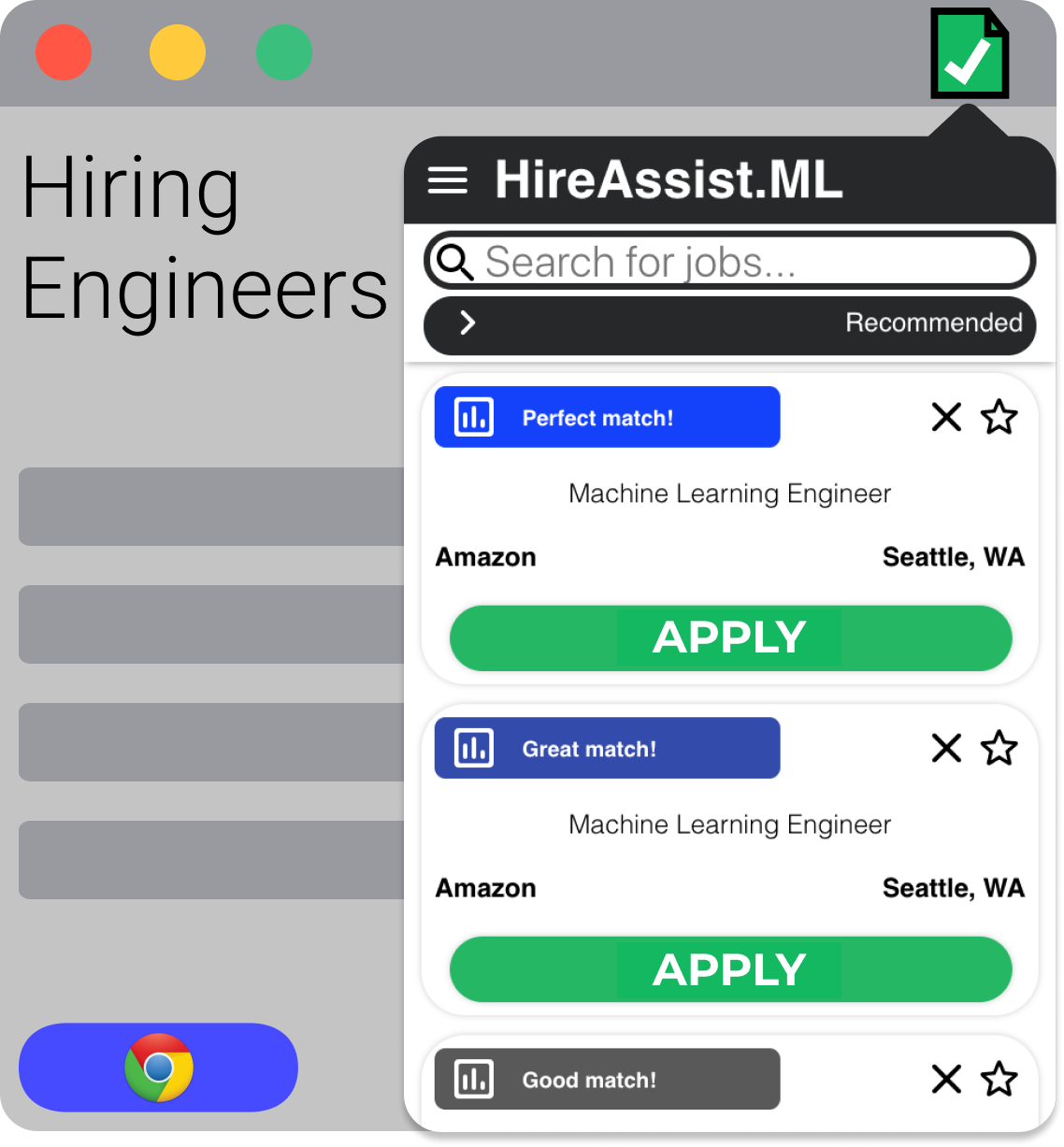 HireAssist ML chrome extension wireframe